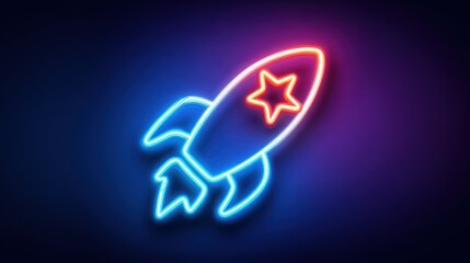 Vibrant neon rocket icon against a dark background promoting concepts of innovation