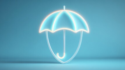 Illuminated umbrella and shield symbol on a solid teal background