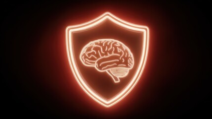 Brain image inside a protective shield symbol on a dark background