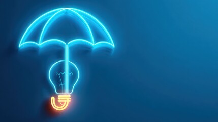 Neon umbrella protecting light bulb idea concept on blue background