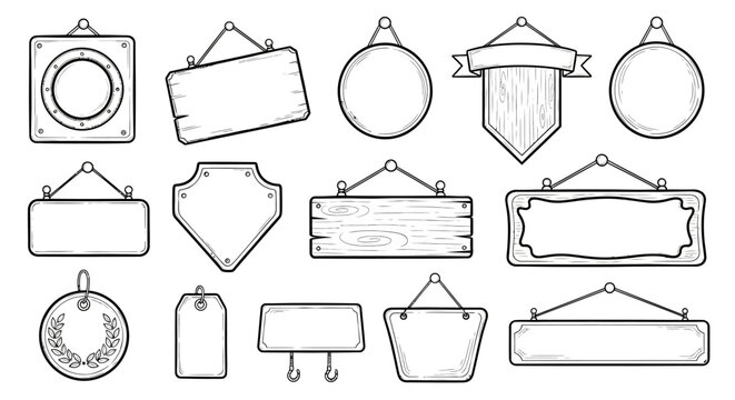 Set of Hand-Drawn Hanging Signs and Wooden Signboards