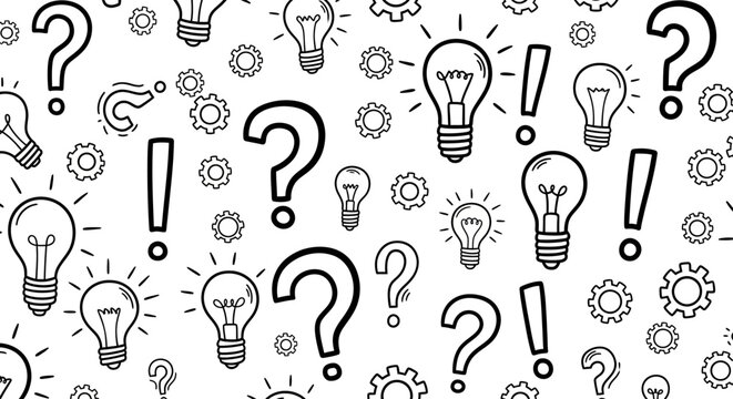 A Pattern of Bright Light Bulbs and Question Marks Symbolizing Ideas, Solutions, and Queries