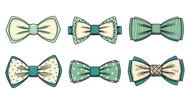A stylish collection of six vintage-inspired hand-drawn bow ties in green and cream hues, presented as a vector graphic set
