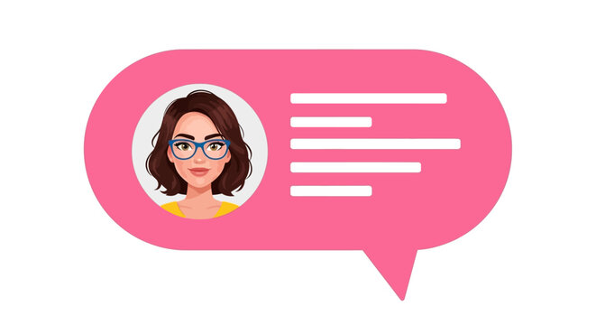 A modern vector illustration of a woman's avatar with glasses inside a pink speech bubble, symbolizing online chat, social media messaging, or a user comment