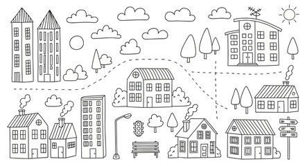 Fototapeta premium Hand-drawn illustration of a cityscape with houses, buildings, trees, clouds, and other elements