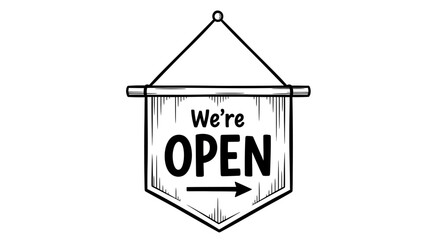 Inviting 'We're Open' hanging banner sign, signaling business availability, welcome, and readiness to serve customers, perfect for store re-openings and daily operations