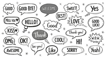 Collection of Hand-Drawn Speech Bubbles with Positive Messages and Greetings for Various Uses