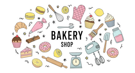 Charming hand-drawn vector illustration showcasing a delightful array of bakery items, sweet treats, and kitchen tools, ideal for confectionery branding, menus, or shop decor