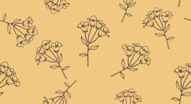 Elegant seamless pattern with hand-drawn wildflowers, featuring delicate botanical illustrations of small blossoms and stems on a soothing beige background, perfect for textiles and digital projects