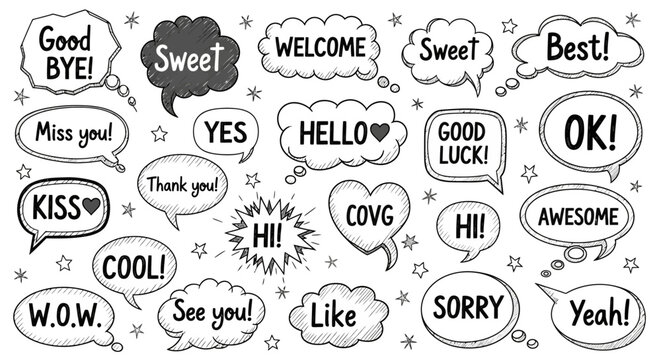Collection of speech bubbles with various positive and friendly messages and exclamations like hello, wow, and kiss - Powered by Adobe