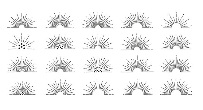 Diverse vector collection of stylized half-circle sunburst and light ray designs, ideal for adding a retro, vintage, or modern energetic accent to logos, badges, decorative elements, 