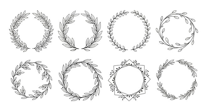 Collection of diverse hand-drawn botanical wreaths and elegant leaf frames, ideal for wedding invitations, logos, and vintage design projects