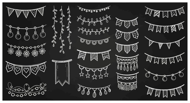 Hand-drawn chalk style festive decoration elements set including garlands, bunting, and string lights for party invitations, event designs, and celebratory projects