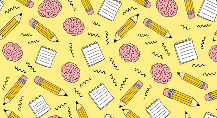 Creative Pattern of Brains, Notebooks, and Pencils on a Yellow Background, Illustrating Ideas and Learning