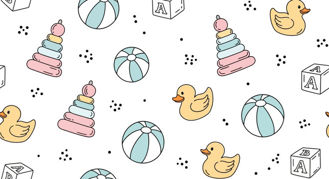 Cute cartoon toy pattern with balls, stacking rings, and rubber ducks on white background, perfect for kids' designs