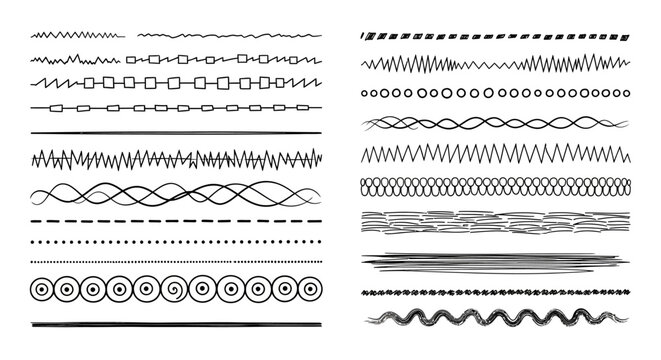 Diverse collection of graphic design dividers and borders, featuring hand-drawn, wavy, dotted, and artistic line elements. Ideal for creative layout enhancements and text separation