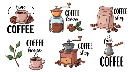 A comprehensive collection of charming coffee illustrations featuring essential brewing tools, aromatic beans, and cozy cups, perfect for cafe branding, menu designs, and beverage-themed projects