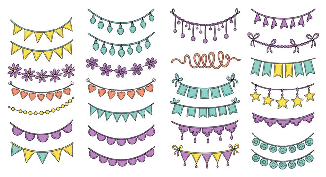 Hand-drawn doodle party garlands and festive flags vector set for celebration decorations, featuring colorful outline banners, string lights, and bunting elements for event design projects