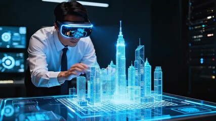 Architect using virtual reality and holographic technology to design futuristic smart city buildings in a digital environment. - Powered by Adobe