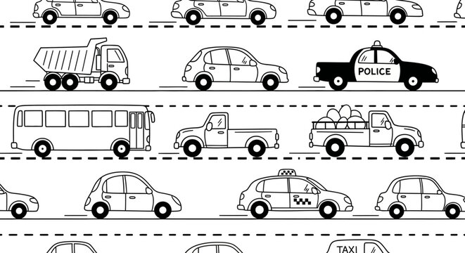 A Seamless Pattern of Various Vehicles in a Stylized Black and White Illustration