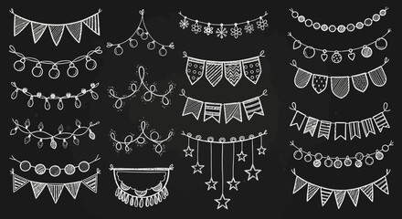 Festive Hand-Drawn Garland Set Flags, Lights, Stars for Celebrations and Decorations