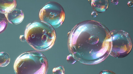 Naklejka premium A cluster of iridescent soap bubbles floating gracefully, with colorful reflections on them. It creates a dreamlike and magical feel. 