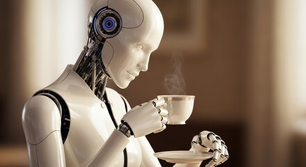 Robotic humanoid enjoys hot beverage in futuristic setting
