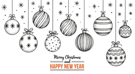 Elegant hand-drawn line art illustration of Christmas baubles hanging with delicate snowflakes, creating a festive scene perfect for holiday season greetings and New Year celebrations