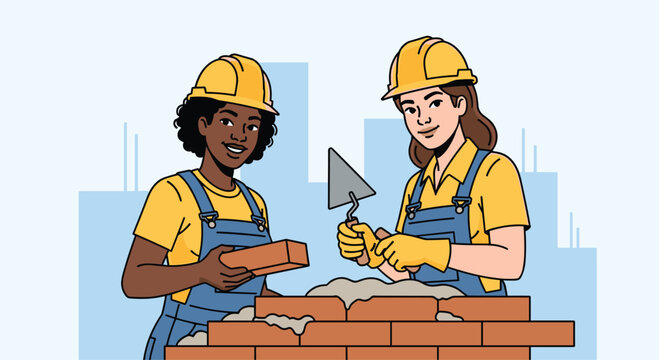 Diverse women succeeding in construction building brick wall together with safety gear on, demonstrating teamwork and empowerment in skilled trades