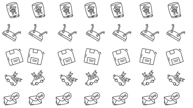 Collection of Vintage Technology Icons Arranged in a Wave Pattern Computers, Floppy Disks, Cars, and Email Symbols Representing a Digital Era