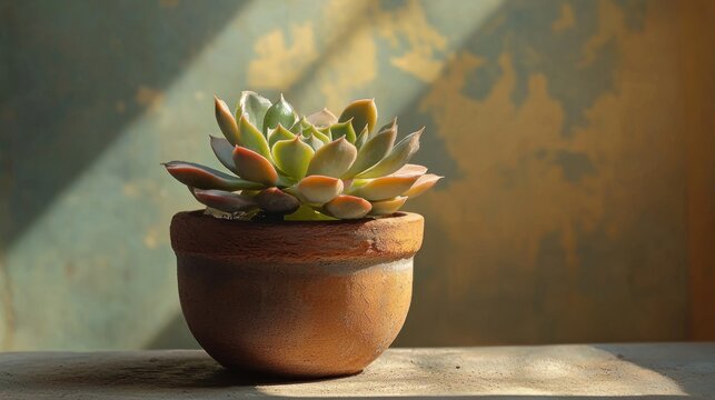 Succulent plant in terracotta pot, sunlit. (2)