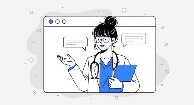 Professional female doctor offering virtual medical consultation and online healthcare services through a digital platform, emphasizing telehealth and remote patient support and digital care solutions