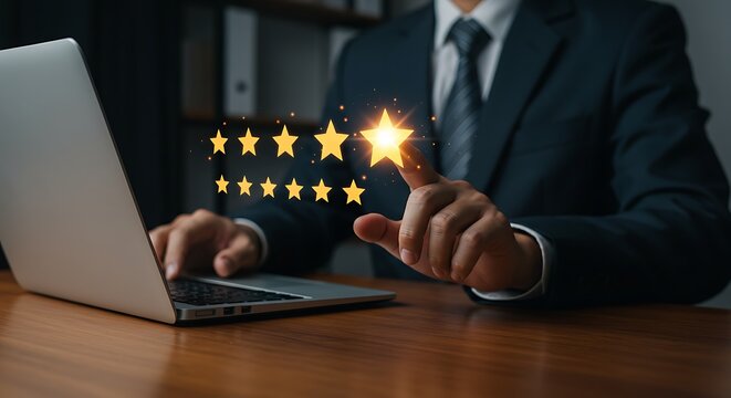 Customer experience and quality assessment concept, business professional giving high rating with virtual stars using futuristic digital interface