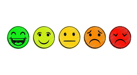 Colorful hand-drawn feedback scale emoticons illustrating customer satisfaction levels, from very happy to very displeased, for surveys and reviews