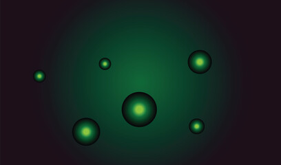 Abstract glowing green spheres floating in dark space with soft light