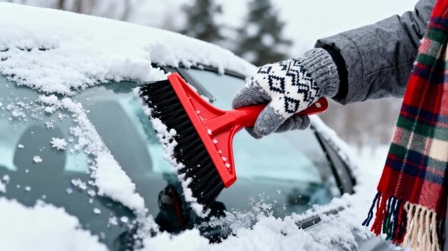 Person cleaning snow and ice from a car windshield using a red scraper brush on a cold snowy day.