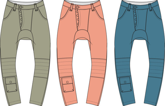 Collection of technical flat sketches showing moto-style cargo pants with a drop crotch design in three different colorways