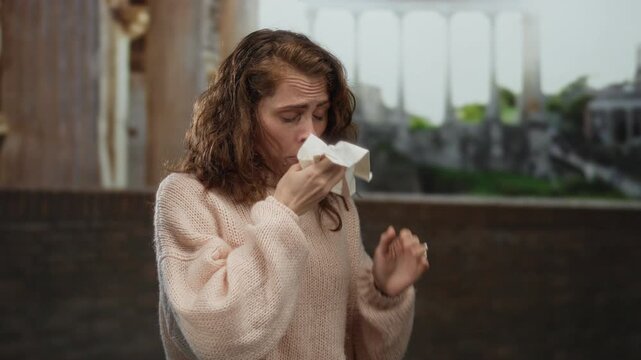 Woman sneezes outdoors at roman ruins, capturing the essence of history and everyday life amid ancient stone arches, blending emotion of viral sneeze with cultural depth.