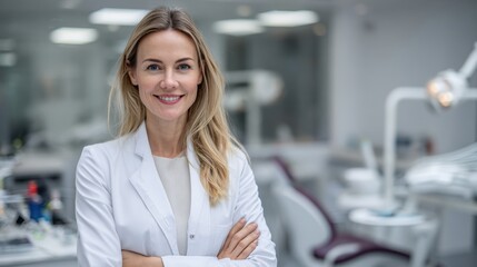 Confident female dentist standing in modern clinic, wearing white coat with arms crossed and friendly smile, blurred background with dental chair and equipment