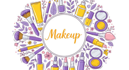 Collection of makeup and beauty products arranged in a circular frame with floral accents and the word 'Makeup' in the center