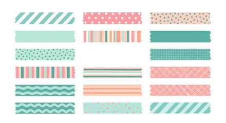 A collection of pastel-colored washi tape strips with various geometric patterns, including stripes, dots, and chevrons, isolated on a white background
