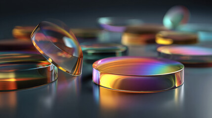An eye-catching image featuring a collection of chromatic lenses, showcasing a play of light and color, perfect for optics and technology. 