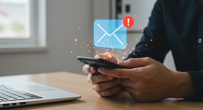 Modern communication technology, man using mobile phone to receive new email alert beside open laptop on wooden desk