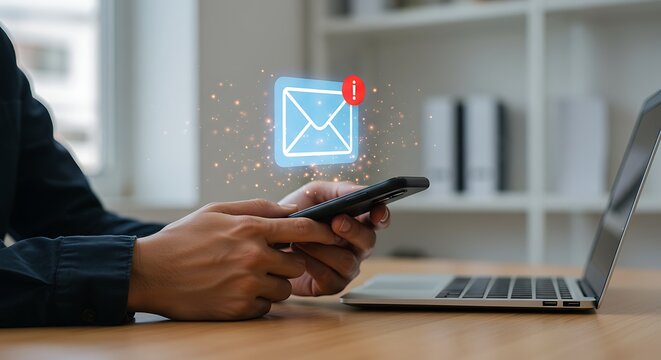 Professional using smartphone to check new message notification represented by digital glowing email icon near laptop
