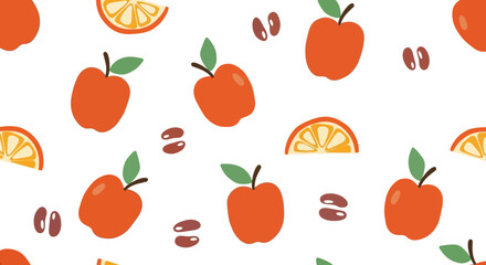 Obraz premium Seamless pattern of fresh apples and orange slices with seeds on a white background, vector illustration