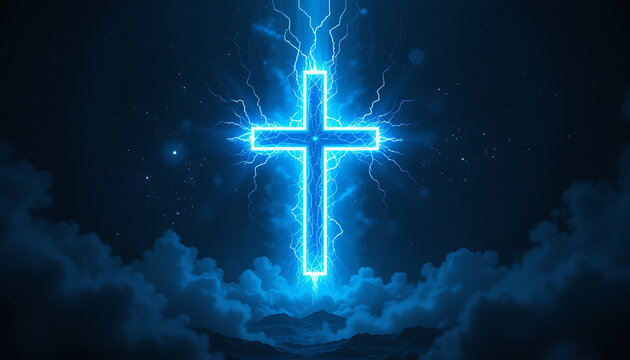 Bright Neon Cross with Lightning Bolts in Dark Sky with Clouds