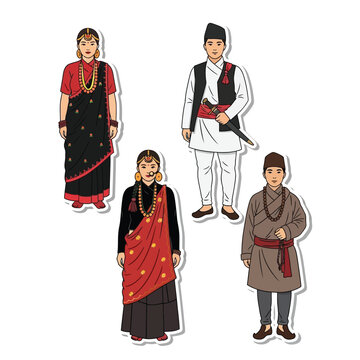 Four cartoon-style illustrations of people wearing traditional Nepalese clothing, showcasing diverse cultural attire for men and women.