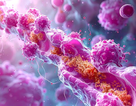 Microscopic view of blood vessel and biological cells with a vibrant pink palette