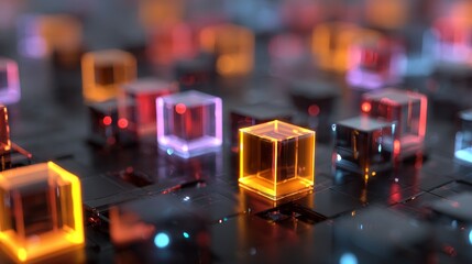 Illuminated data streams and suspended cubes  a futuristic digital landscape unveiled