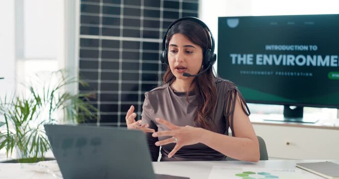 Feedback, headset and laptop with woman in solar energy call center for problem solving support. Communication, computer and customer service with Indian employee at work for photovoltaic solution